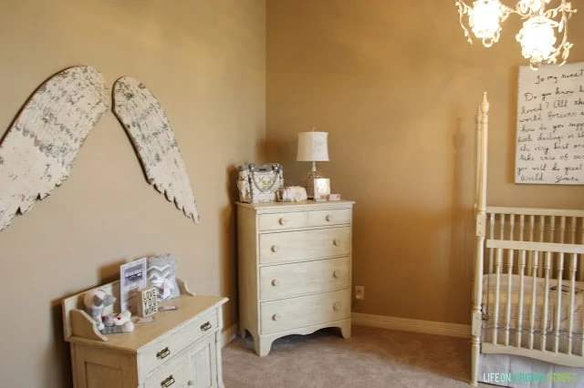 Nursery with Sugarboo Art, Wood Angel Wings and French details.