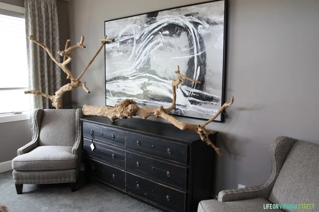 Driftwood adorns the wooden drawers in the master bedroom.