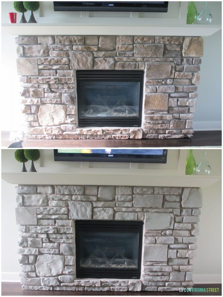 whitewash stone fireplace before and after