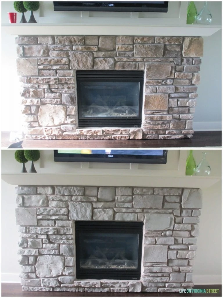 This gray-washed fireplace stone looks so much better now! Great tutorial with helpful tips on gray-washing your own stone or brick fireplace! Such a great before and after!