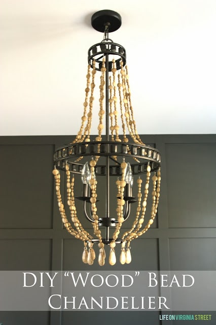 DIY wood bead chandelier using chalk paint poster.