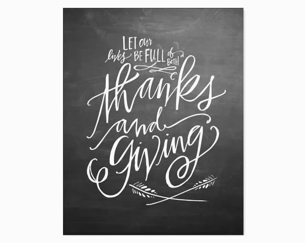 Giving Thanks written on a chalkboard.