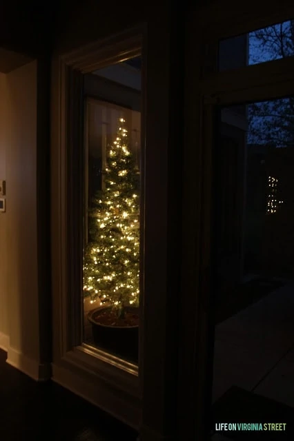 A Christmas tree outside on the porch.