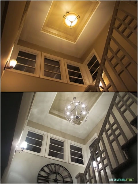 The old flush mounted chandelier vs the new light and bright chandelier.