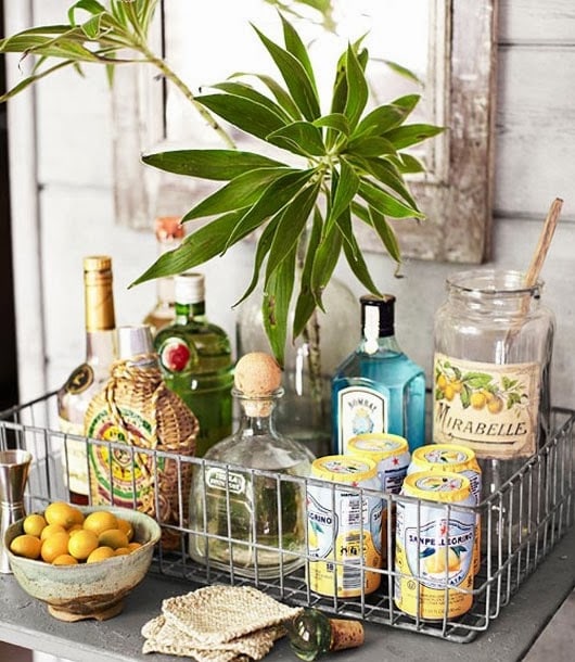 Caribbean bar cart inspiration with lemons, rum and a palm plant in a vase.