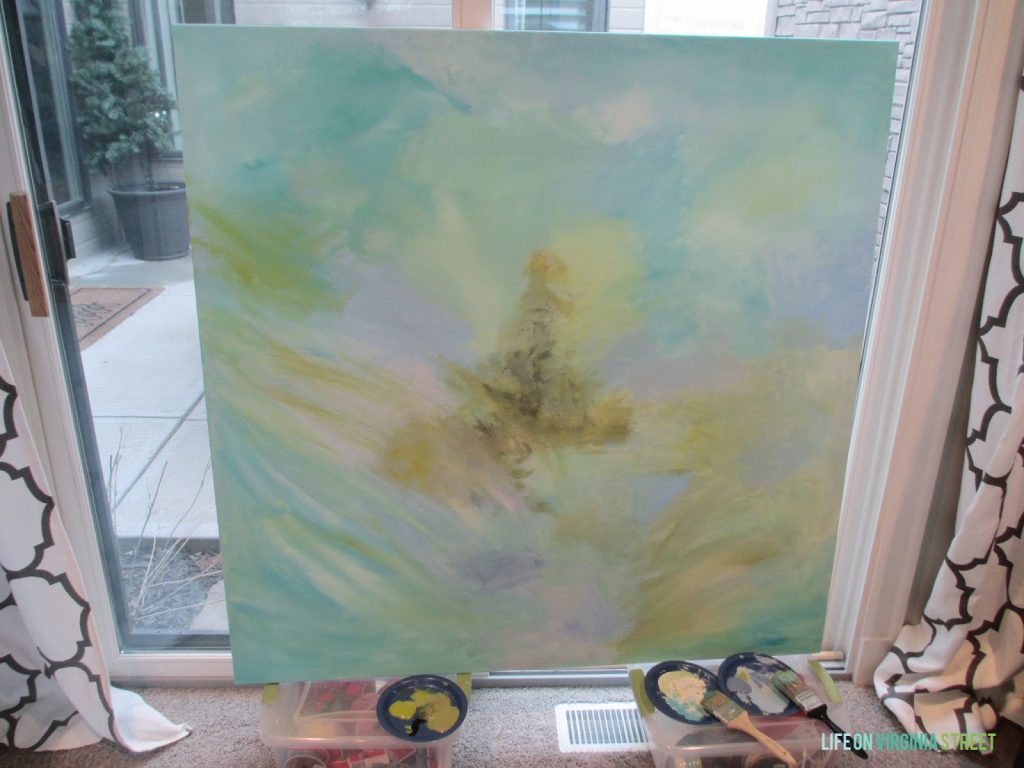 There many shades of blue, green and gray to create this painting. 