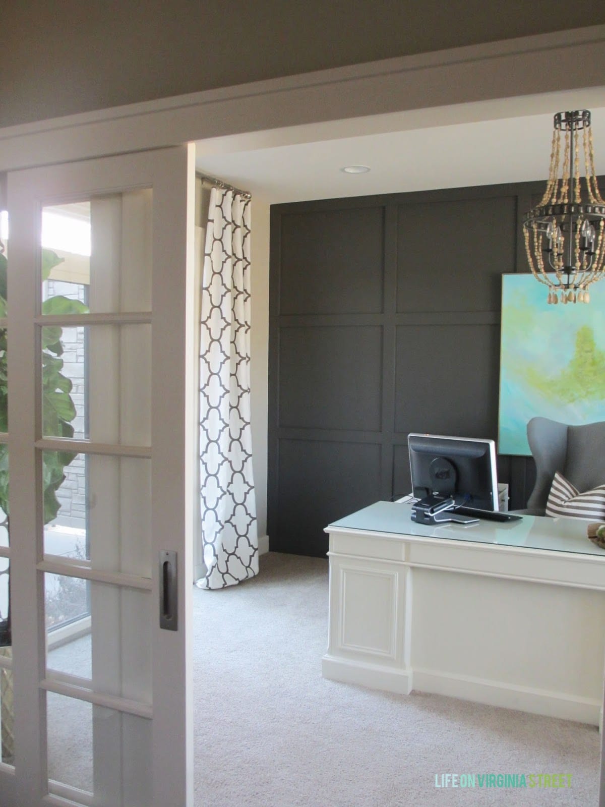 Home office makeover with french pocket sliding doors and Windsor Smith Riad in Clove drapes.