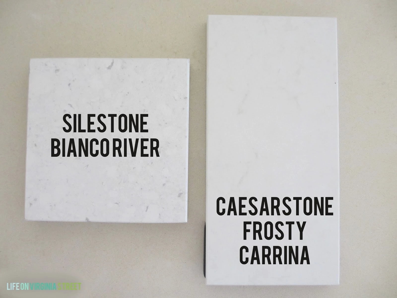 Silestone Bianco River and Caesarstone Frosty Carrina samples