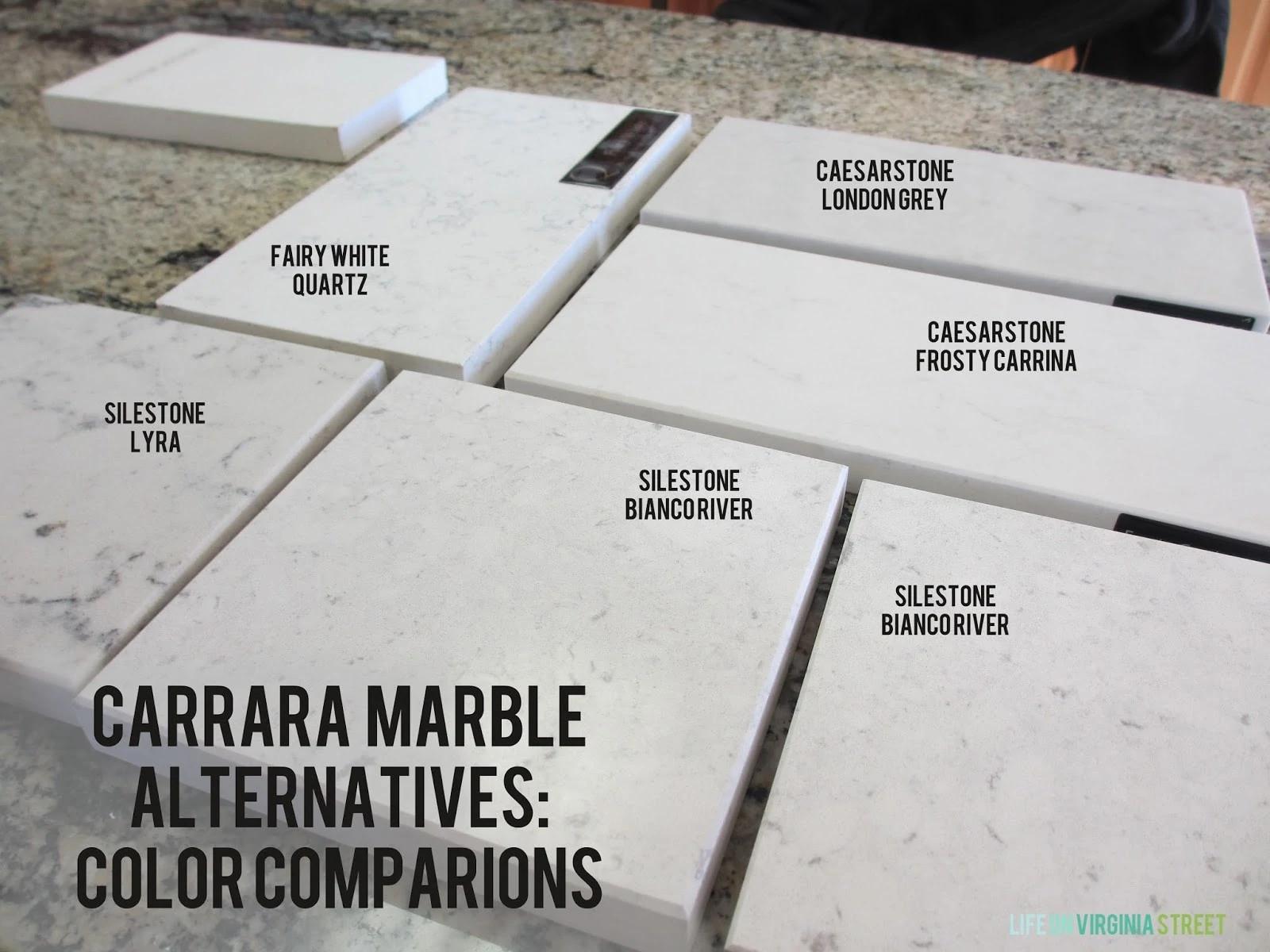 Carrara marble alternatives color comparisons. This is really helpful for finding a more durable alternative!