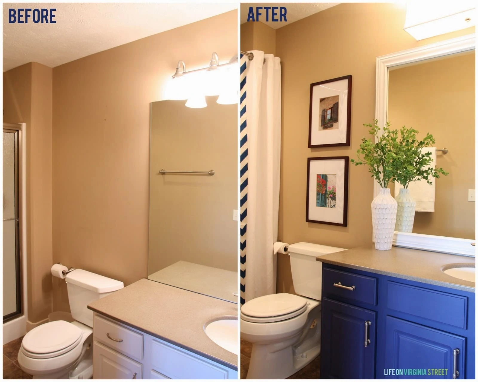 Guest bathroom before and after makeover shots. 