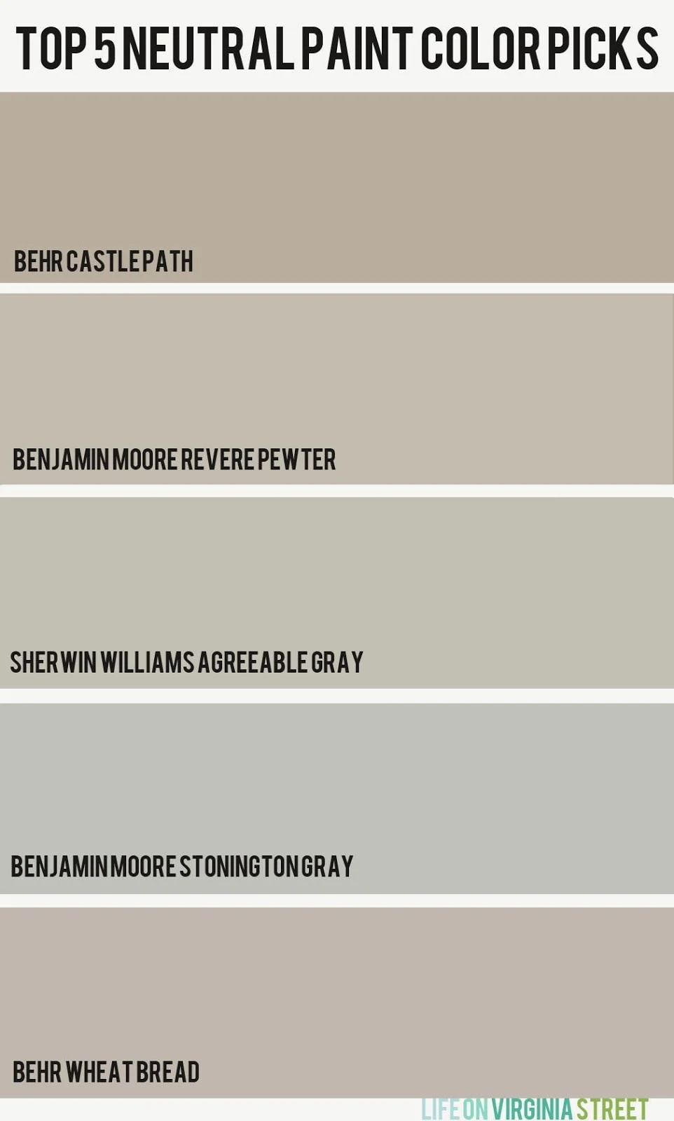 A paint swatch with 5 neutral paint color picks.