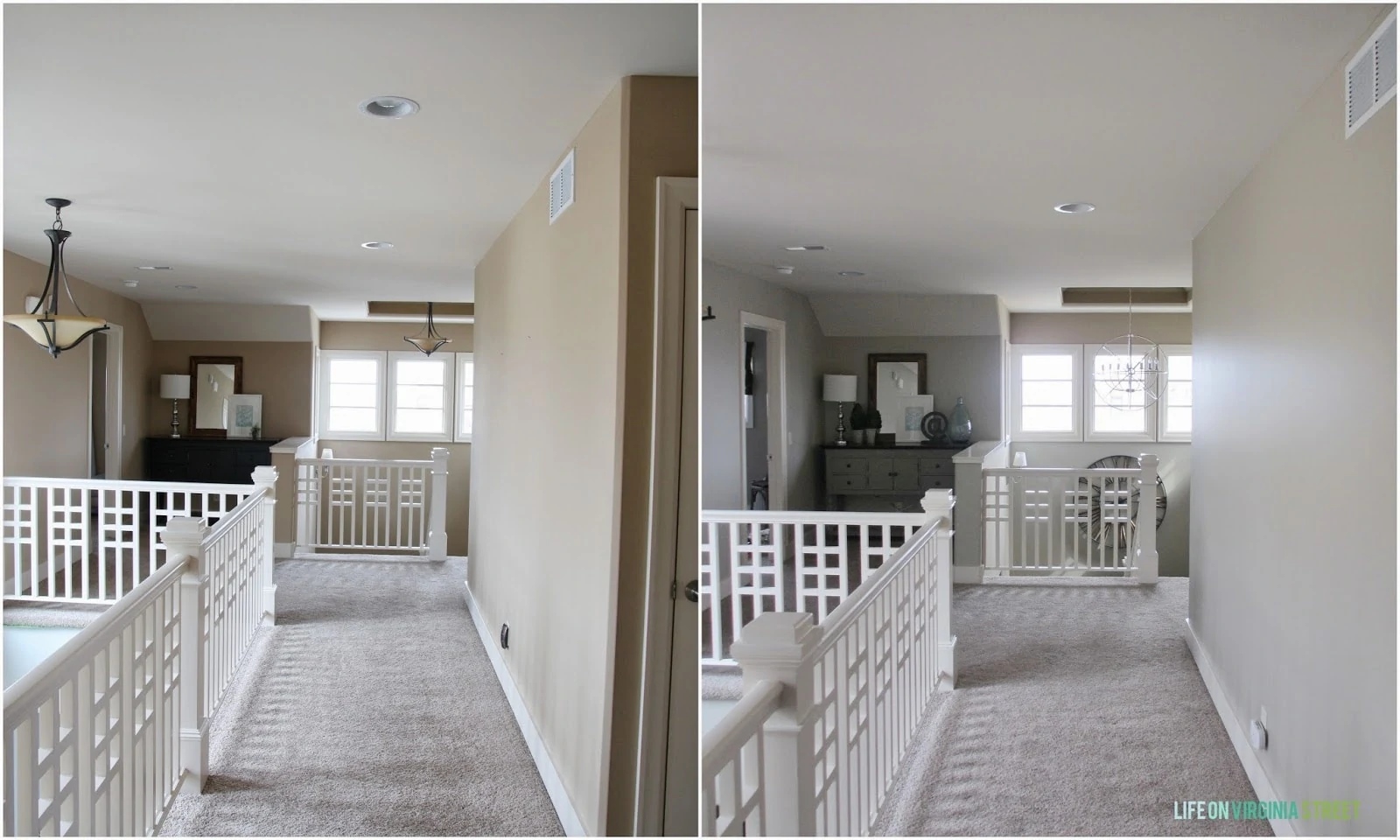 Left - before, and right - after a coat of Behr Castle path paint. Love how much lighter the space looks already.