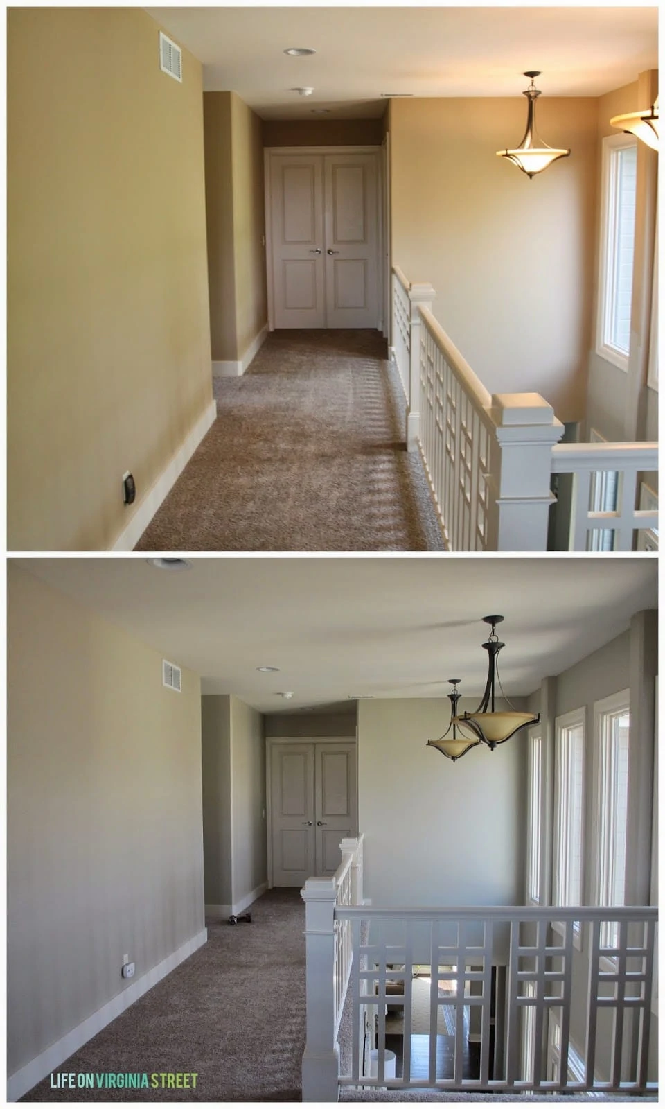 Our upstairs hallway makeover - the top picture is before and the bottom picture is after a new paint job.