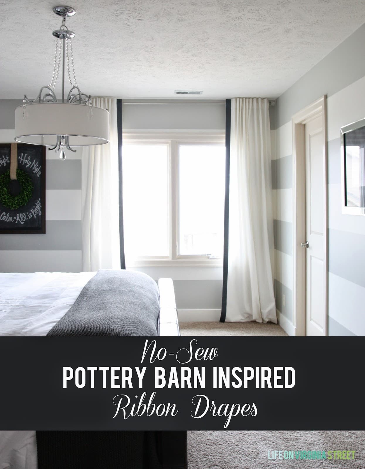 DIY No-Sew Pottery Barn Inspired Ribbon Drapes graphic.