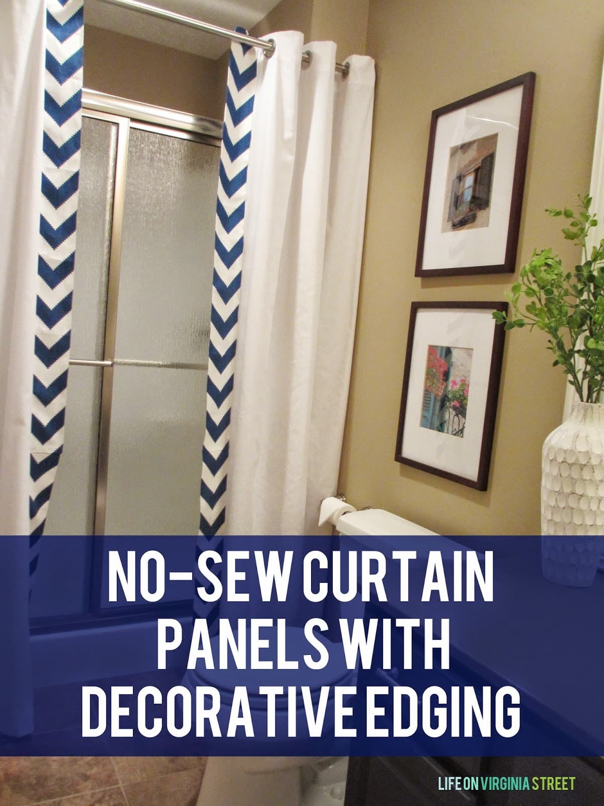 Fun no-sew shower curtain panels with decorative edging to update our guest bathroom! Easy DIY tutorial.