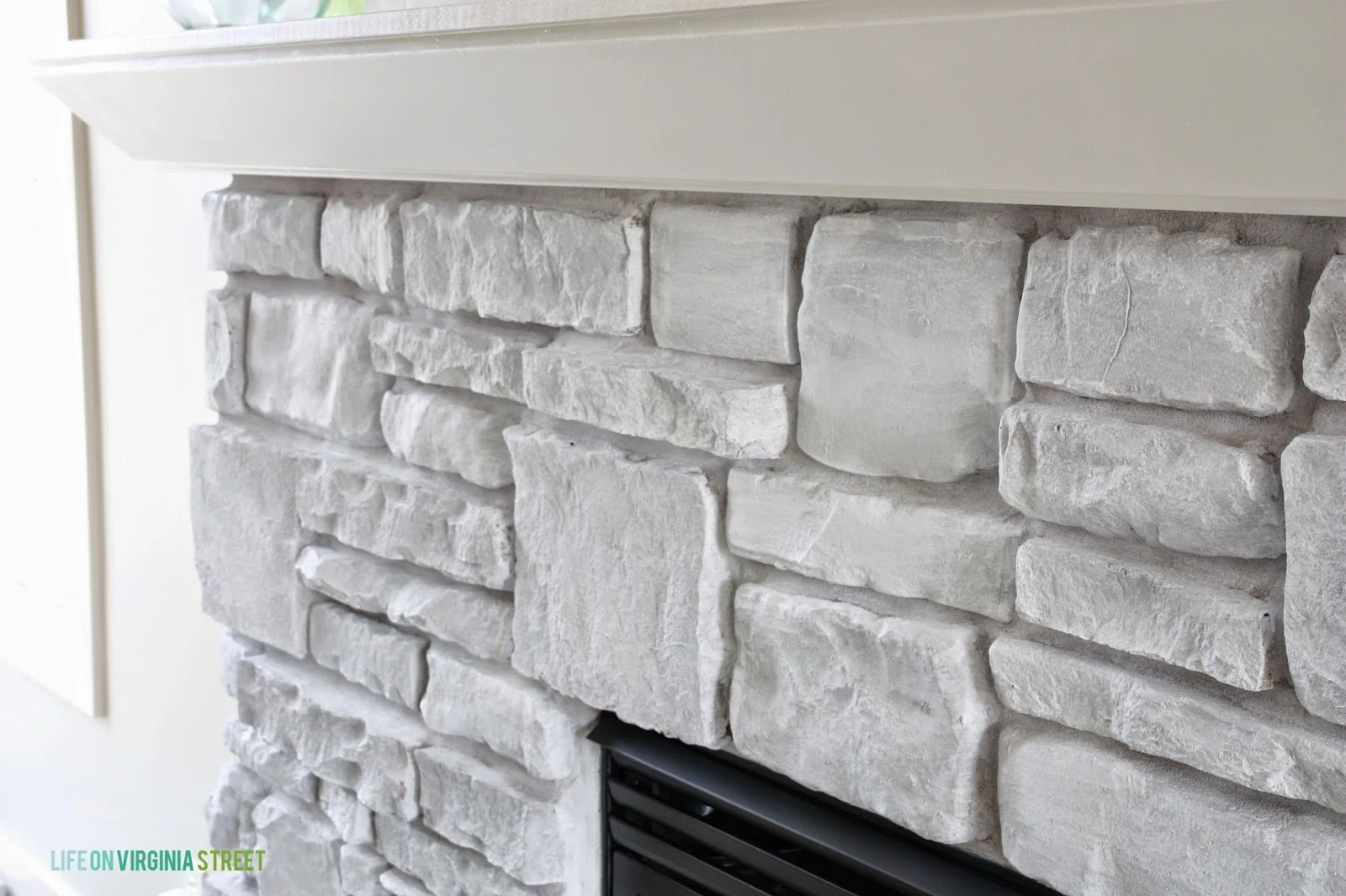 Detail shot of our white-washed fireplace stone.