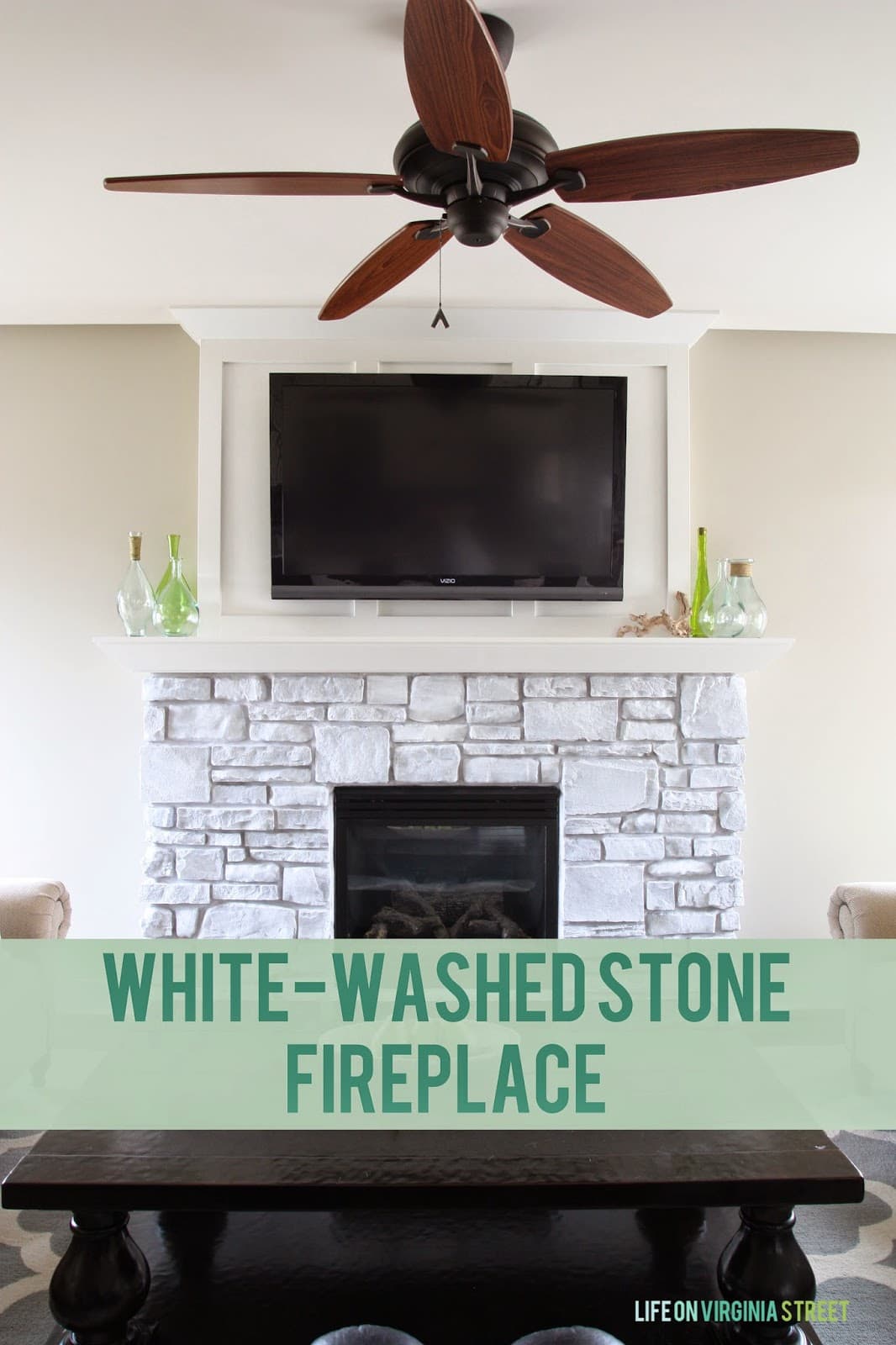 whitewash stone fireplace before and after