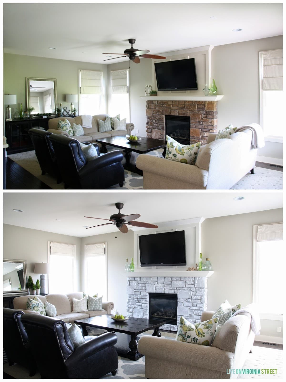 Before and after- complete transformation of the whitewashed fireplace.