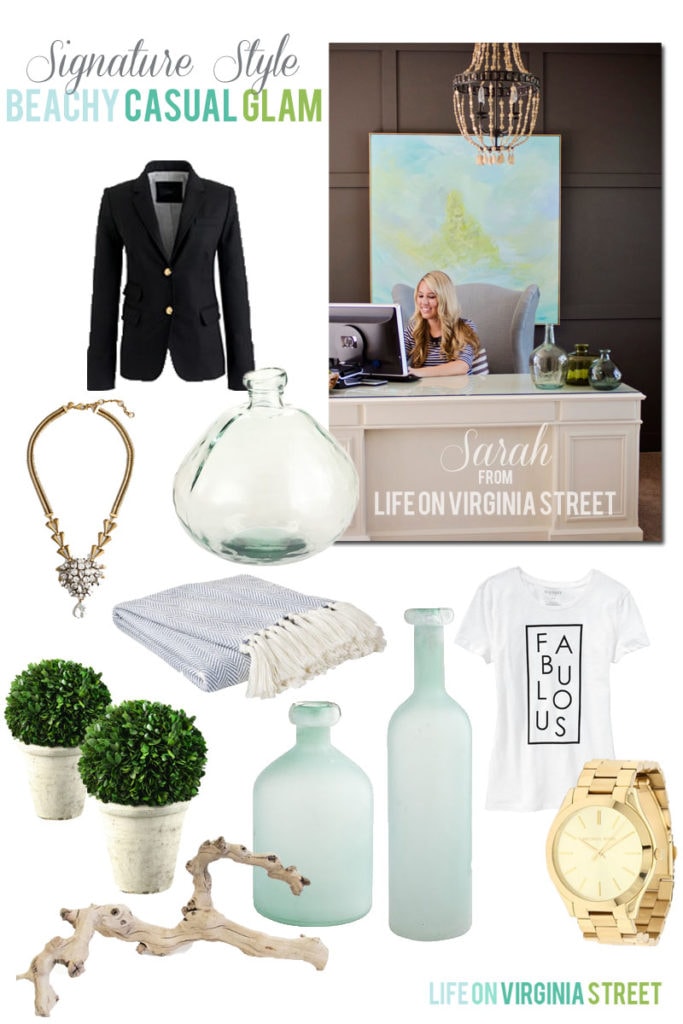 A woman working at her desk, with a mood board, a black blazer, perfume, topiaries, and a watch.