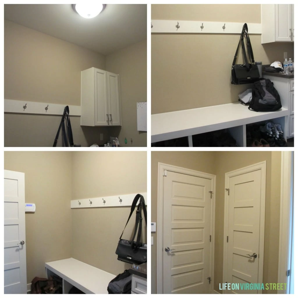 The mudroom before the renovation with a small bench and hooks on a wall.