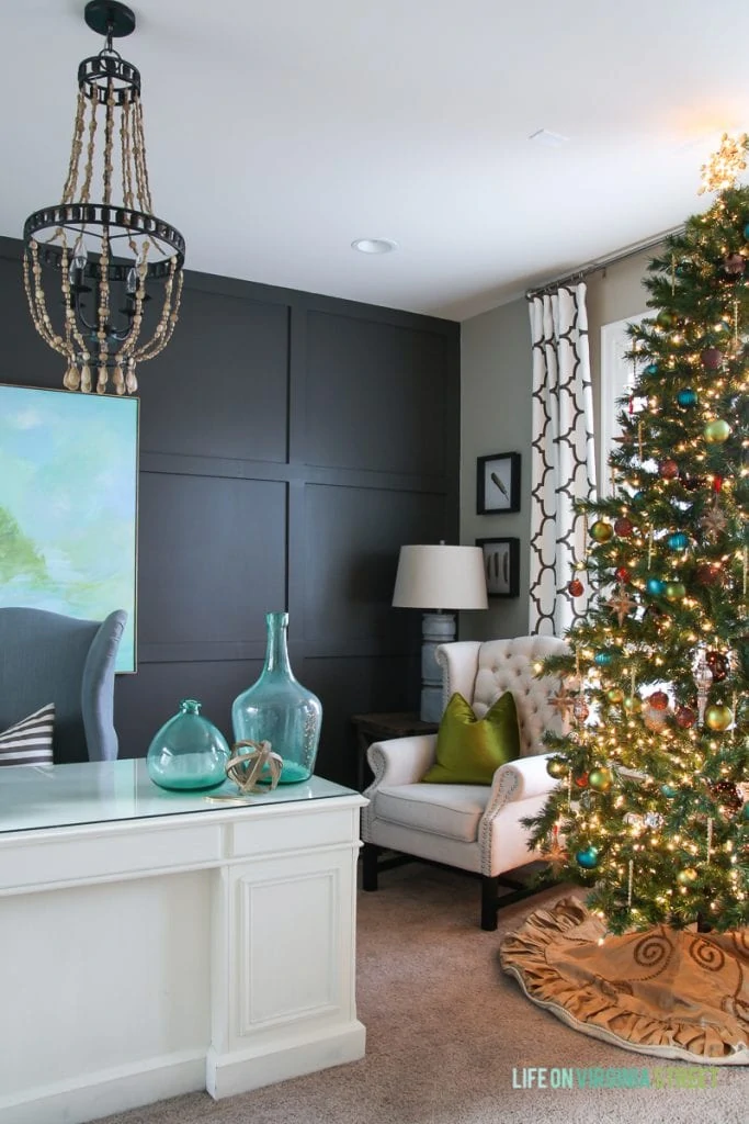 Blue, Green and Metallic Christmas decorations in a home office. Wall color is Sherwin Williams Urbane Bronze.