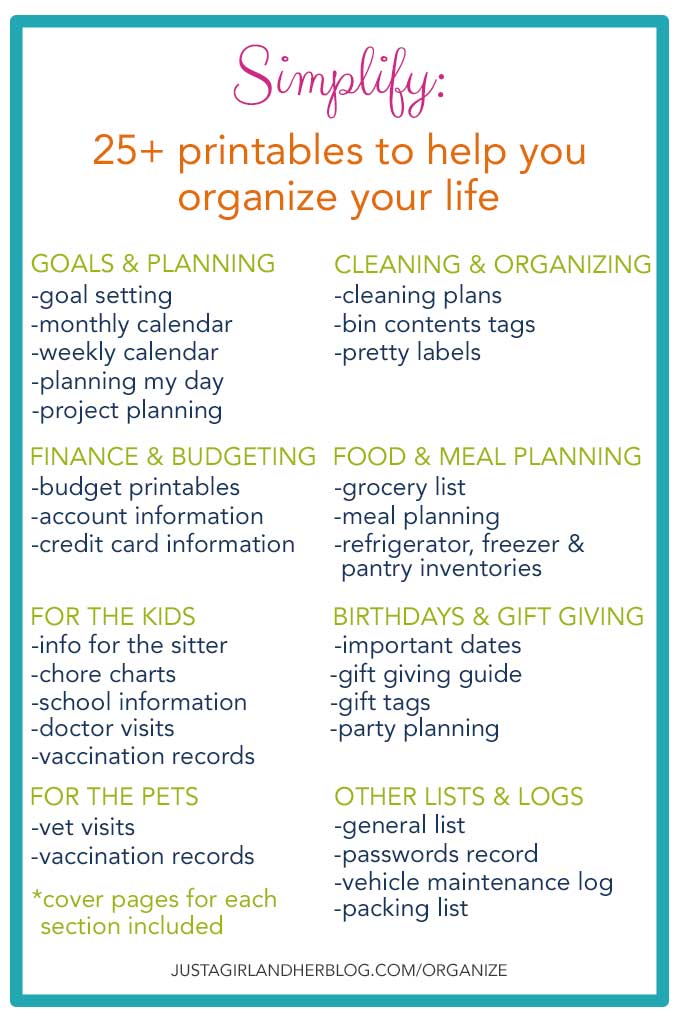 Simplify: 25 Printables to Help You Organize Your Life | JustAGirlAndHerBlog.com/organize