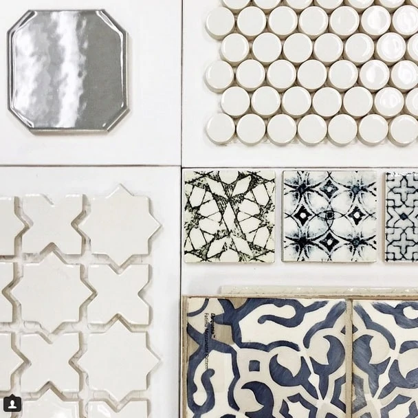 Here are some of the non-traditional tiles I'm loving right now! Blue and white concrete tile, round tile, metal tile. 