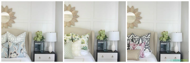 Guest bedroom with different colored throw pillows on bed.