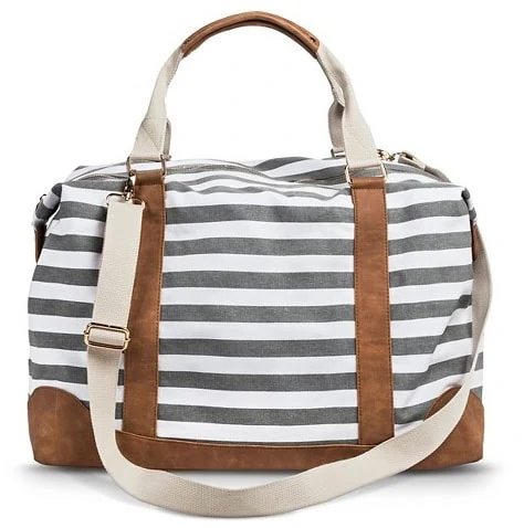 Gray and White Striped Weekender Bag