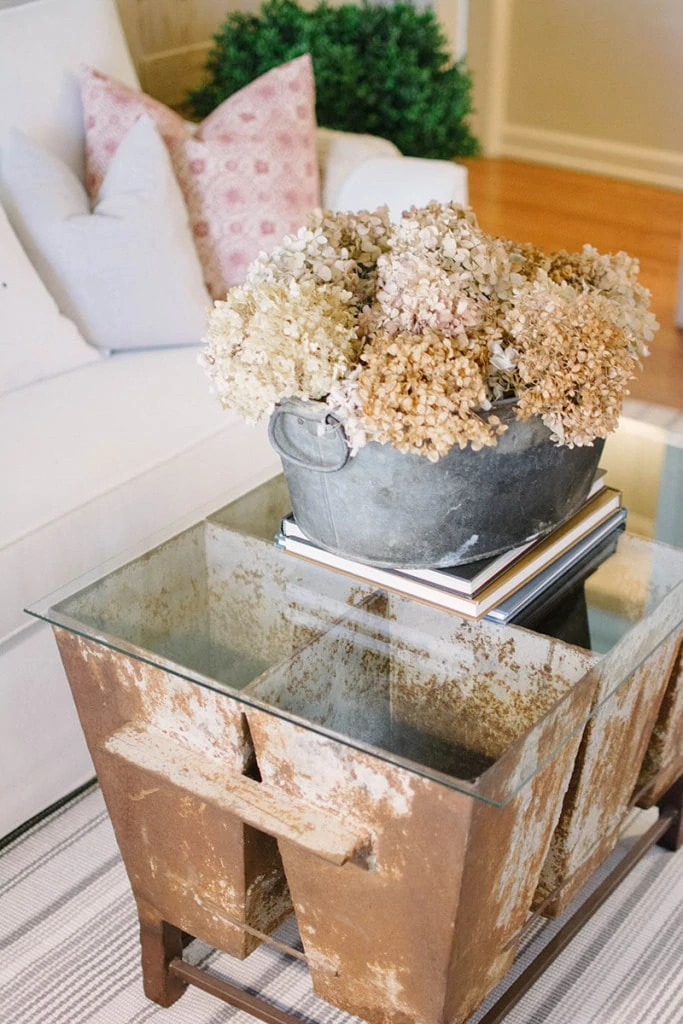 Front Room Table. Love this repurposed steel bucket centerpiece! - Neutral Home Tour - Life On Virginia Street