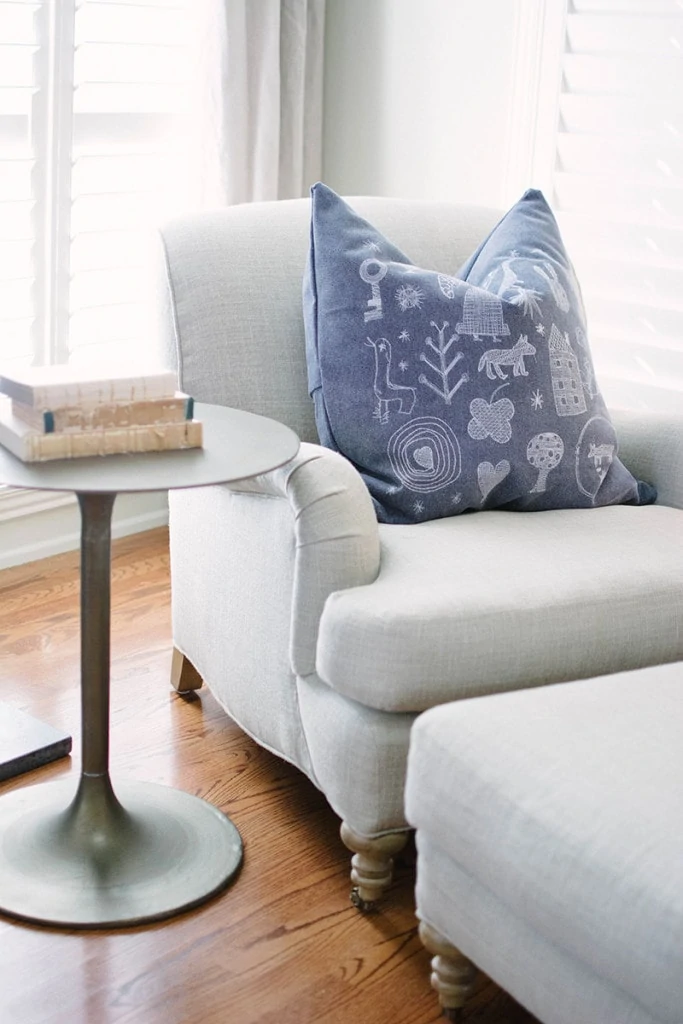 Living Room Chair Details - sometimes a cute, detailed fabric is the perfect choice for an accent pillow. - Neutral Home Tour - Life On Virginia Street