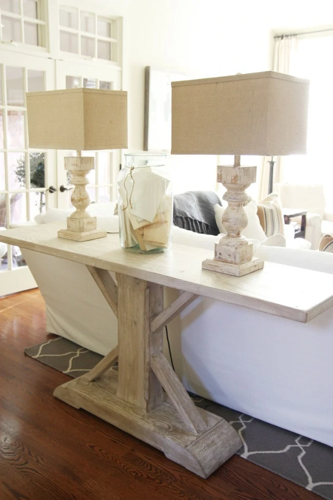 Living Room Console Table - look at these lamps! This gorgeous weathered wood and marbled stone lamps are stunning! - Neutral Home Tour - Life On Virginia Street