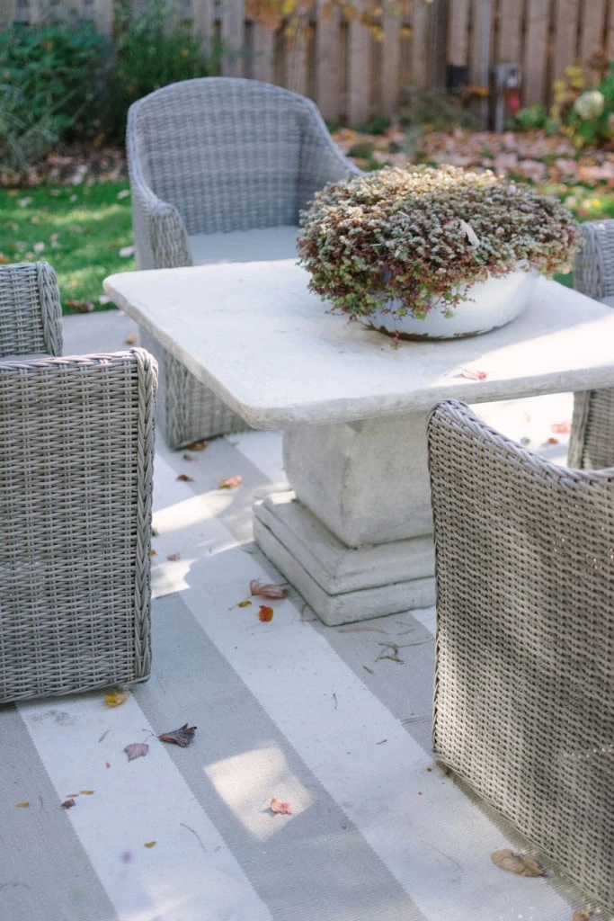 Patio Details, Wicker chairs surround a stone table and shrubbery centerpiece. - Life On Virginia Street