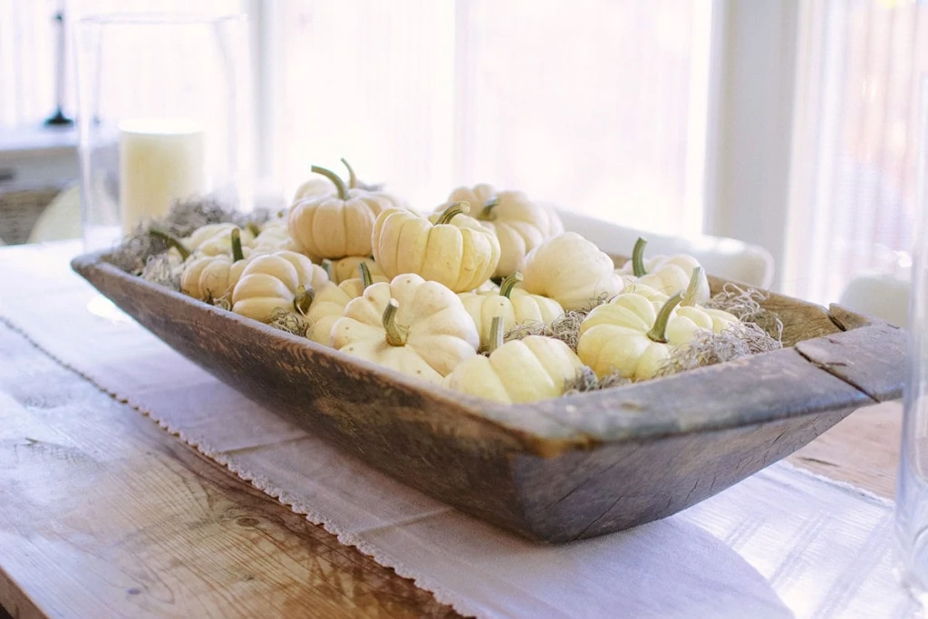 Pumpkins in Dough Bowl, Sunroom Dining Table Centerpiece - Neutral Home Tour - Life On Virginia Street