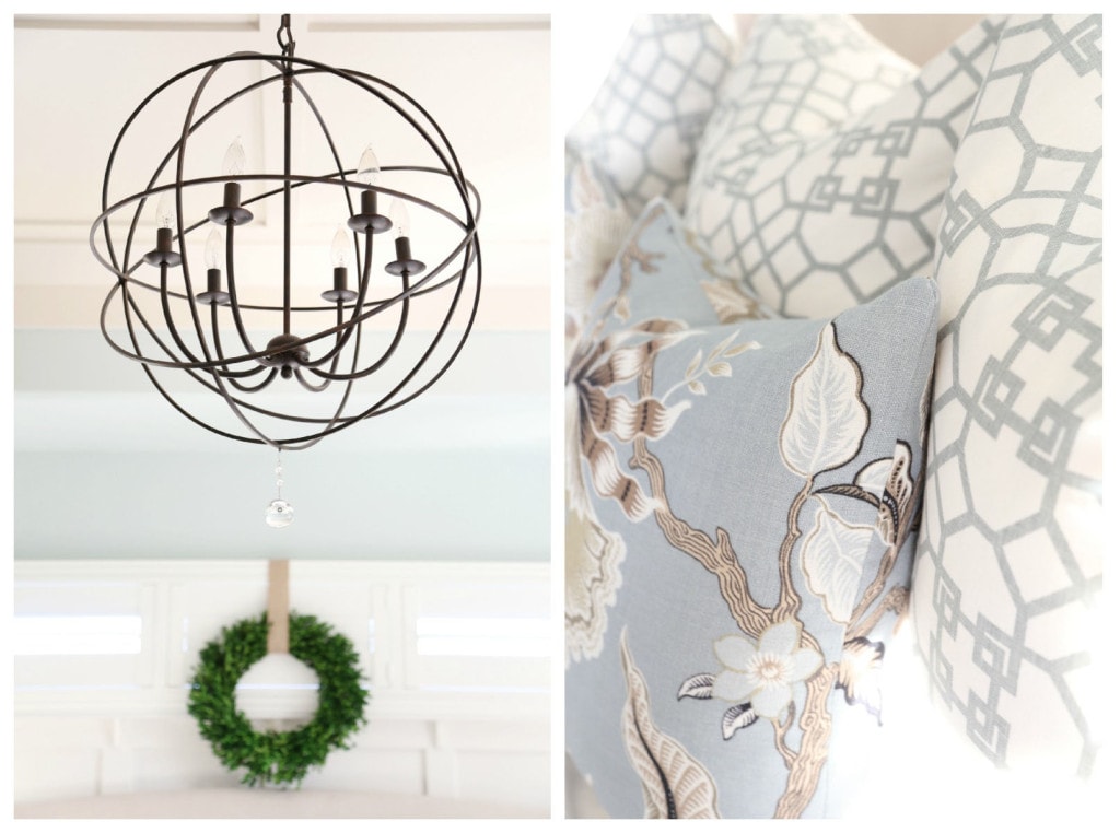 Neutral Christmas decor in a master bedroom.