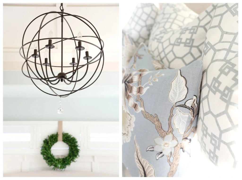Neutral Christmas decor in a master bedroom.
