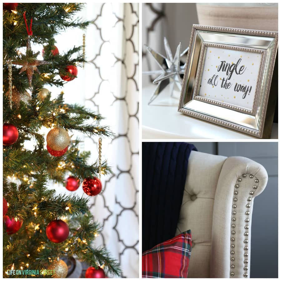 Christmas Office Detail with "Jingle All the Way" art and gold and red ornaments.