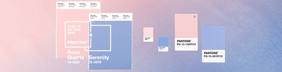 Pantone Color of the Year Rose Quart and Serenity via Pantone color swatches.