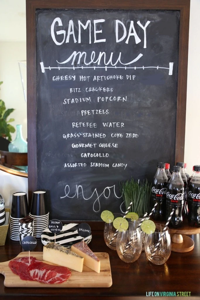A game day menu on the chalkboard.