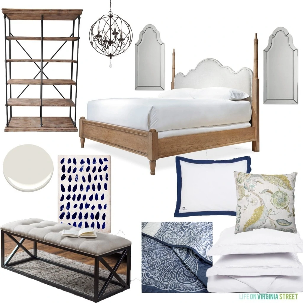 Guest Bedroom Hayneedle Design Board with a bed, chandelier, bedding, and shelving pictured.