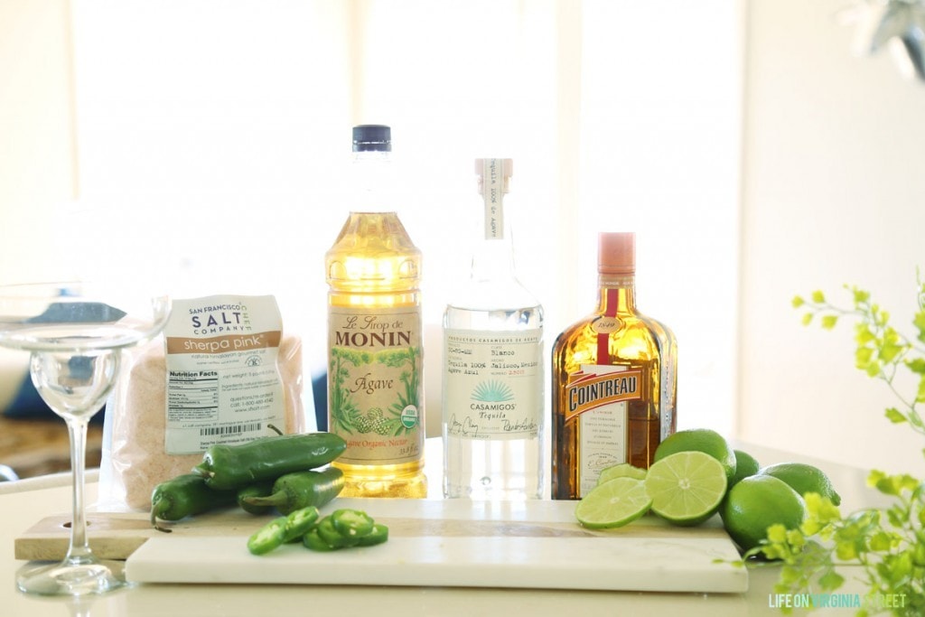 All the ingredients laid out on the counter to make the margaritas.