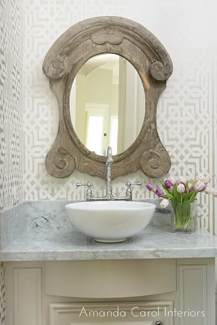 Powder Bath will Trellis Walls and Wood Mirror from Amanda Carol Interiors