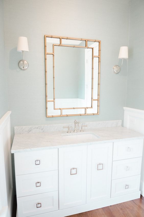 Powder Bath with Blue-Green Grasscloth and Brass Mirror via Studio McGee