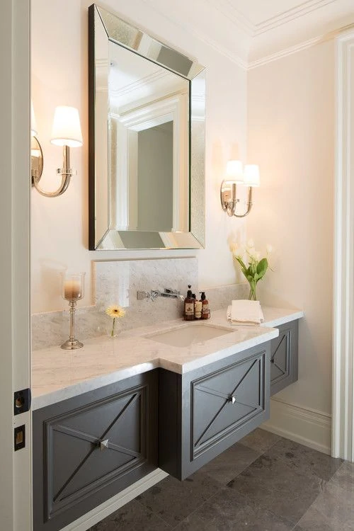 Powder Bath with Floating Gray Vanity via Prestige Homes