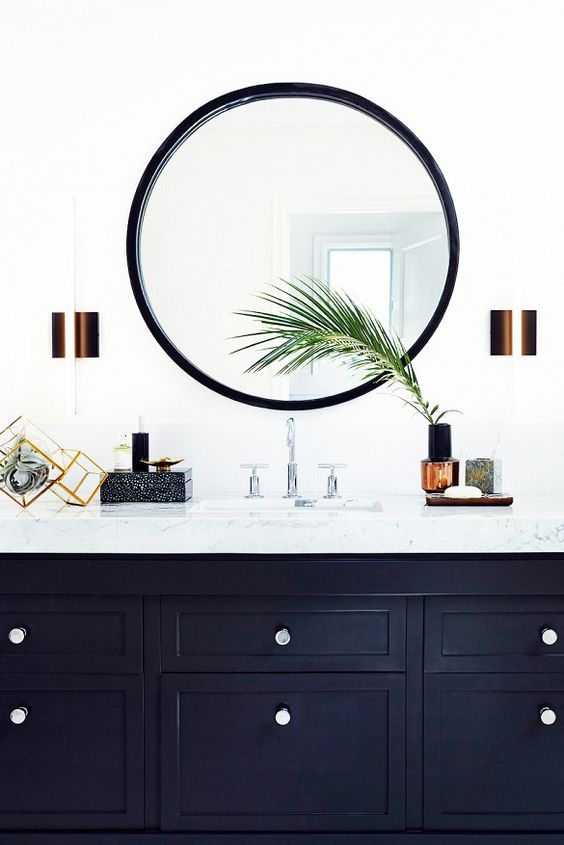 Powder Bath with White Walls and Black Vanity