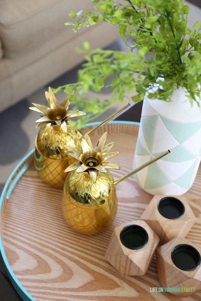Wood Tray with Gold Pineapple Mugs and Geometric Vase - Life On Virginia Street