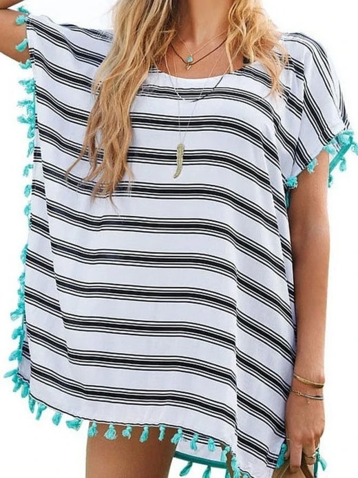 Black and White Stripe with Aqua Tassel Bathing Suit Cover-up