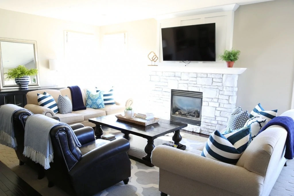Navy and Turquoise Spring Living Room from Life On Virginia Street