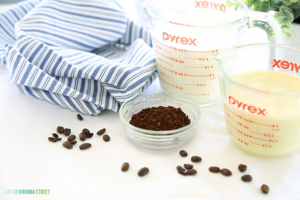 The coffee in a bowl, the cream in a measuring cup.