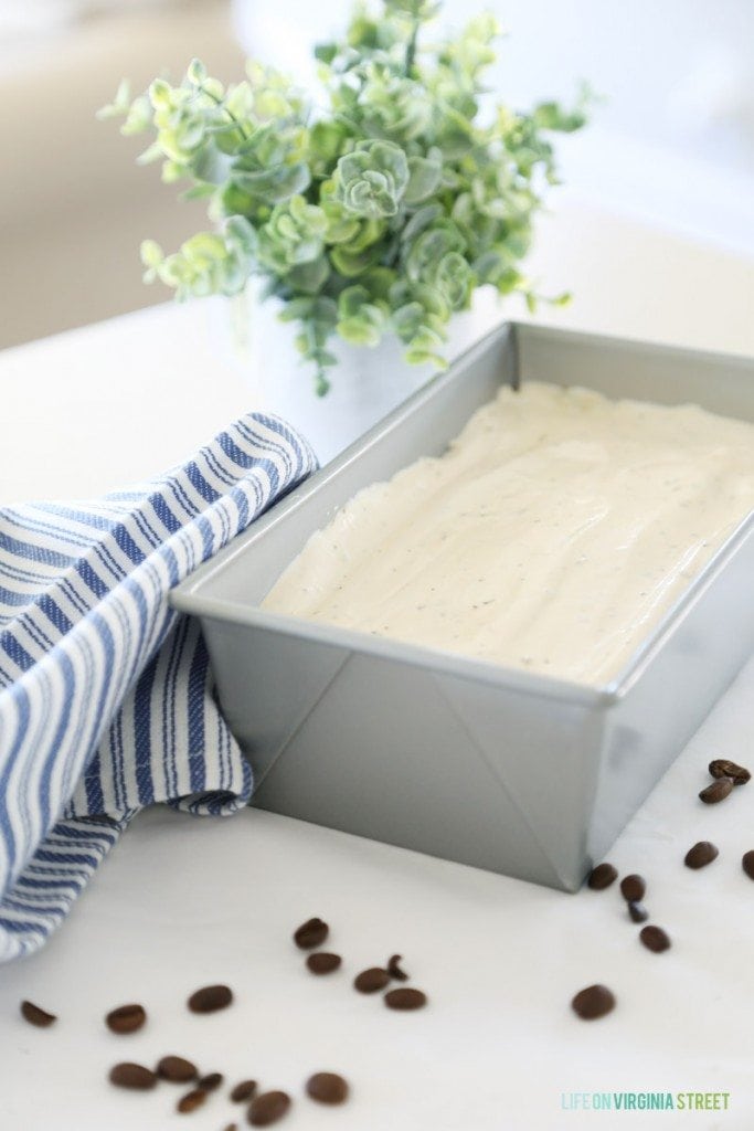 The ice cream in a loaf pan with a green plant beside it.